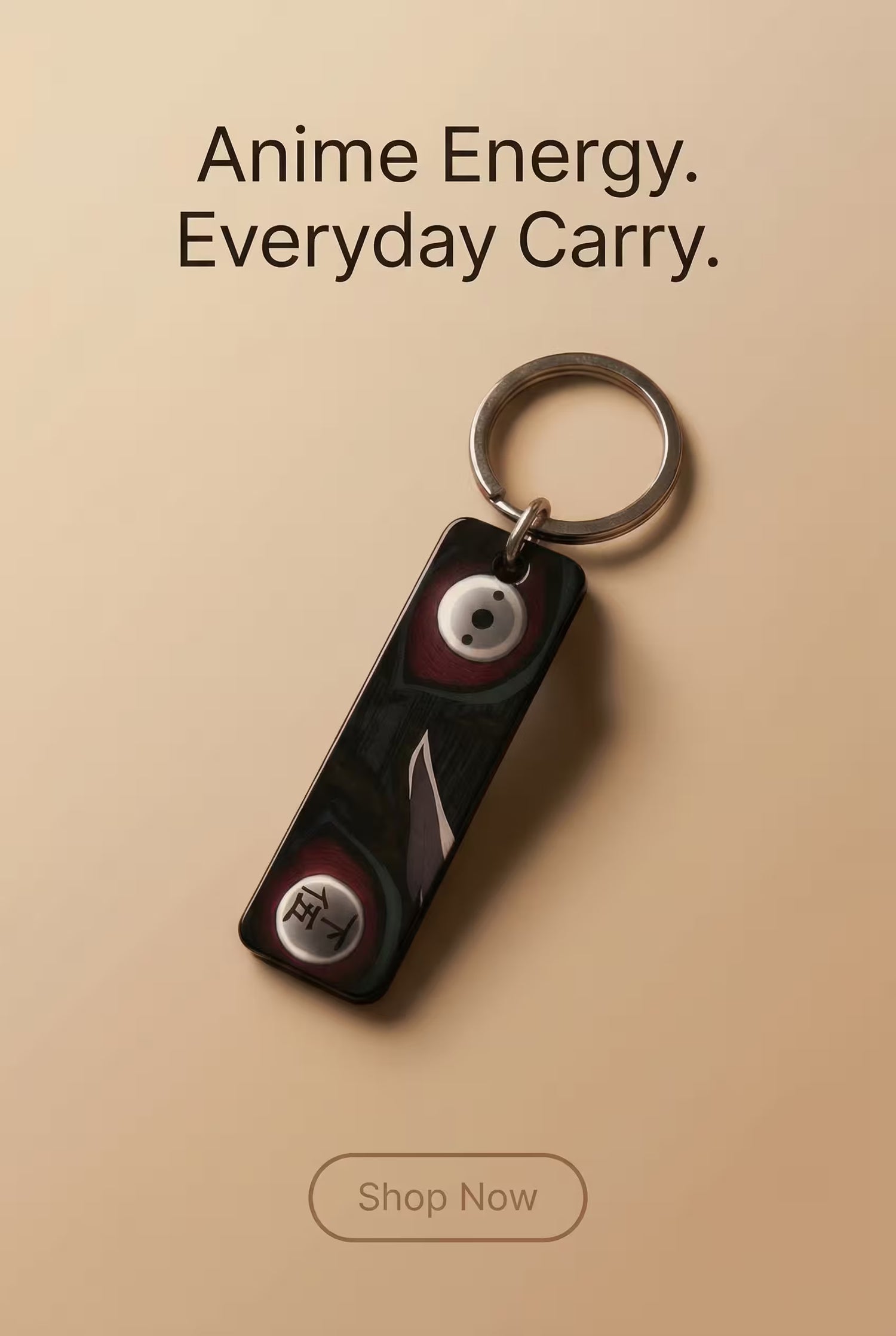 Keychain with anime design on a beige background, featuring text 'Anime Energy. Everyday Carry.'